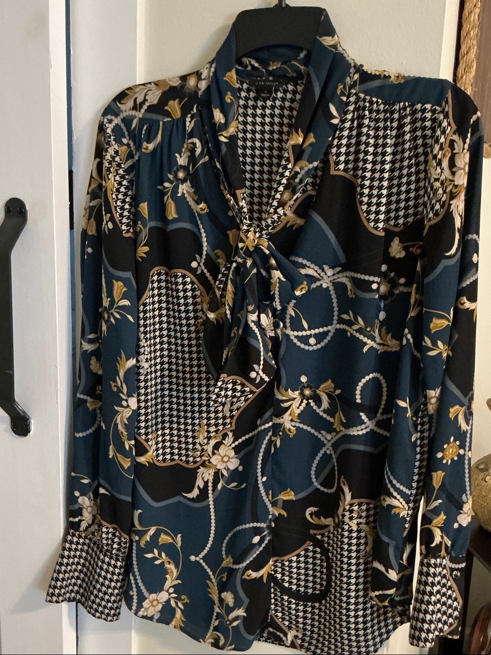 Ann Taylor Teal Black Gold Patterned Tie-Neck Blouse